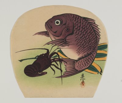 Print for an uchiwa; carp and lobster, Meiji era, late 19th century by Shibata Zeshin